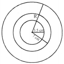 Que-16: Find the area enclosed between two concentric circles of radii 3.5 cm and 7 cm. A third concentric circle is drawn outside the 7 cm circle so that the area enclosed between it and the 7 cm circle is the same as that between the two inner circles. Find the radius of the third circle, correct to one decimal place. 