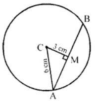 Que-2: In the figure, the radius of the given circle, with centre C, is 6 cm, if the chord AB is 3 cm away from the centre, calculate its length.