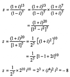 Find the modulus and amplitude of the following complex numbers and hence express them into polar form. Que-8: {(1+i)^13} / {(1−i)^7}
