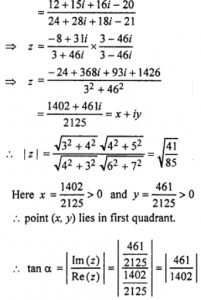 Find the modulus and amplitude of the following complex numbers and hence express them into polar form. Que-12: {(3+4i)(4+5i)} / {(4+3i)(6+7i)}