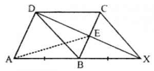 Que-14: In the parallelogram ABCD, the side AB is produced to X, so that BX = AB. The line DX cuts BC at E. Prove that (i) DBXC is a parallelogram; (ii) area AED = twice area CEX.