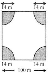 Que-10: A square park has each side of 100 m. At each corner of the park, there is a flower bed in the form of a quadrant of radius 14 m as shown in the figure. Find the area of the remaining part of the park. (Take π = 22/7)