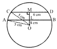 Que-4: In a circle of radius 5 cm, AB and CD are two parallel chords of length 8 cm and 6 cm respectively. Calculate the distance between the chords, if they are on (i) the same side of the centre ; (ii) opposite sides of the centre.
