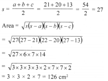 Que-4: Find the area of the triangle whose sides are (iii) 21 cm, 20 cm, 13 cm