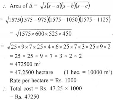 Que-11: The sides of a triangular field are 975 m, 1050 m and 1125 m. If this field is sold at the rate of Rs. 1000 per hectare, find its selling price.