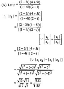 Que-5: Find the modulus of the following using the property of modulus. (iv) {(2−3i)(4+5i)} / {(1−4i)(2−i)}