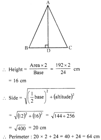 Que-17: (i) The base of an isosceles triangle is 24 cm and its area is 192 sq. cm. Find its perimeter. 