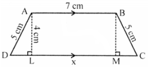 Que-6: In the figure, AD = BC = 5 cm, AB = 7 cm. The parallel sides AB, DC are 4 cm apart. DC = x cm. Find x and the area of the trapezium ABCD.