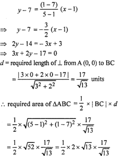 Que-3: The point A(0, 0), B(1, 7), C(5, 1) are the vertices of a triangle. Find the length of the perpendicular from A to BC and hence the area of the △ABC.