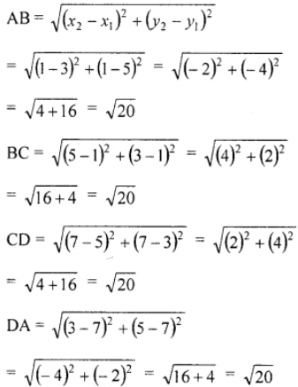 (ii) Show that A (3, 5), B (1, 1), C (5, 3) and D (7, 7) are the vertices of a rhombus, is it a square ? Find its area.