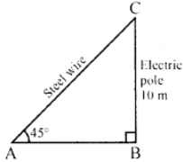Que-19: An electric pole is 10 m high. A steel wire tied to the top of the pole is affixed at a point on the ground to keep the pole upright. If the steel wire makes an angle 45° with the horizontal through the foot of the pole, find the length of the steel wire. (Given √2 = 1.41) 