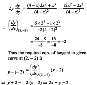 Que-3: Find the equation of the tangent and normal to the given curves at the points given: (i) y = 2x² – 3x – 1 at the point (1, 2) (ii) x = cos t, y = sin t, at t = π/4 (iii) y = x² + 4x + 1 at the point whose abscissa is 3 (iv) y² = x³/4-x at (2, – 2) (v) x²/a² - y²/b² = 1 at (x0, y0)
