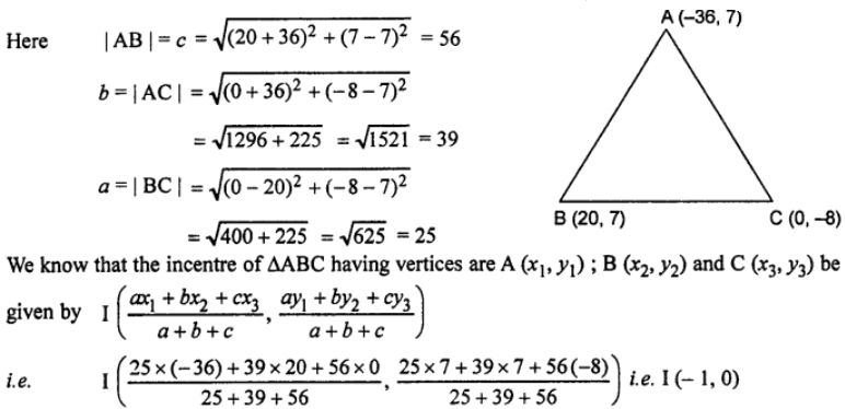 Que-21: Find the coordinates of the in-centre of the triangle whose vertices are (-36, 7) and (20, 7) and (0, – 8 ). 