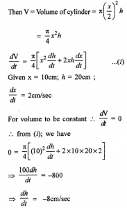 Que-15: The diameter and altitude of a right circular cylinder are found at a certain instant to be 10 cm and 20 cm respectively. If the diameter is increasing at the rate of 2 cm per sec, what change in the altitude will keep the volume constant ?