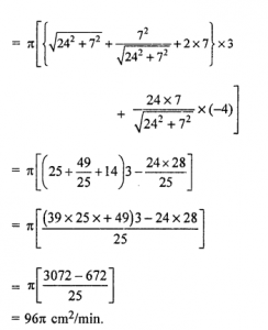 Que-16: The radius of the base of a certain cone is increasing, at the rate of 3 cm per minute and the altitude is decreasing at the rate of 4 cm per minute. Find the rate of change of total surface of the cone when the radius is 7 cm and the altitude is 24 cm.