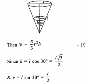 Que-17: Water is dripping out at the steady rate of 1 c.c. per second through a tiny hole at the vertex of a conical vessel whose axis is vertical. When the slant height of the water in the filter is 4 cm, find the rate of decrease of (i) the slant height of water, (ii) the area of the water surface, given that the vertical angle of the vessaf is 60°.