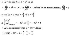 Que-11: (i) Find the largest possible area of a right angled triangle whose hypotenuse is 5 cm long. (ii) Show that of all right triangles inscribed in a circle, the triangle with maximum perimeter is isosceles. (iii) AB is a diameter of a circle and C is any point on the circle. Show that the area of △ABC is maximum, when it is isosceles.