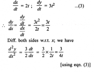 Que-16: Find d²y/dx² when (i) x = t², y = t³. (ii) x = at², y = 2at. (iii) x = a cos θ, y = b sin θ (iv) x = cos t, y = sin t