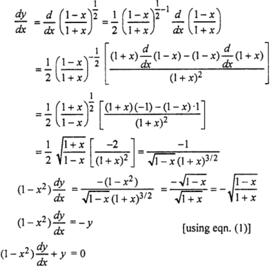 Que-17: Given that y = √{(1-x)/(1+x)} show that (1 – x²)(dy/dx) + y = 0
