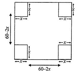 Que-22: A box is to be constructed from a square metal sheet of side 60 cm by cutting out identical squares from the four corners and turning up the sides. Find the length of the side of the square to be cut out so that the box has maximum volume.