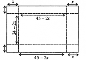 Que-24: A rectangular sheet of tin 45 cm by 24 cm is to be made into box without top, by cutting off squares from the corners and folding up the flaps. What should be the side of the square to be cut off so that the volume of the box is maximum possible ?