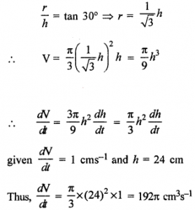 Que-8:If water is poured into an inverted hollow cone whose semi-vertical angle is 30°, so that its depth (measured along the axis) increases at the rate of 1 cm s-1, find the rate at which the volume of water is increasing when the depth is 24 cm.