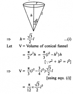 Que-13: Water is dripping out from a conical funnel, at the uniform rate of 2 cm³/s through a tiny hole at the vertex of the bottom. When the slant height of the water is 4 cm, find the rate of decrease of the slant height of the water given that the vertical angle of the funnel is 60°.