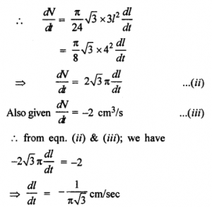 Que-13: Water is dripping out from a conical funnel, at the uniform rate of 2 cm³/s through a tiny hole at the vertex of the bottom. When the slant height of the water is 4 cm, find the rate of decrease of the slant height of the water given that the vertical angle of the funnel is 60°.