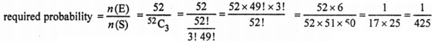 (iv) Three cards are drawn at a time at random from a well shuffled pack of 52 cards. Find the probability that all the three cards have the same number. 
