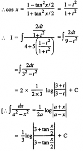 Que-1: (i) ∫dx/4+5cosx (ii) ∫dx/12+12cosx (iii) ∫dθ/4cosθ−1 (iv) ∫dθ/1+2cosθ