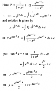 Que-12: (i) (1 + x²) dy/dx + y =etan^(-1)x (ii) (1 + x²) dy/dx + y =tan-1x (iii) dy/dx+y/x =cosx+sinx/x (iv) y’ + y = 1+xlogx/x