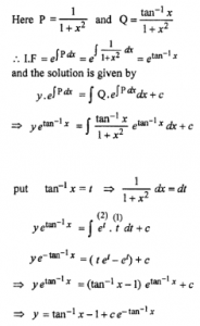Que-12: (i) (1 + x²) dy/dx + y =etan^(-1)x (ii) (1 + x²) dy/dx + y =tan-1x (iii) dy/dx+y/x =cosx+sinx/x (iv) y’ + y = 1+xlogx/x