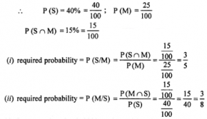 Que-11: In a class 40% students read Statistics, 25% Mathematics and 15% both Mathematics and Statistics. One student is selected at random. Find the probability: (i) that he reads Statistics, if it is known that he reads Mathematics. (ii) that he reads Mathematics, if it is known that he reads Statistics.