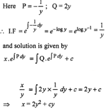 Que-18: (i) (x + 2y²) dy/dx = y, y > 0 (ii) (x + 3y²)dy/dx = y, given that when x = 2, y = 1. (iii) (3y² – x)dy = ydx (iv) y² + (x – 1/y)dy/dx = 0 (v) (x + y + 1)dy/dx = 1 (vi) y dx + (x – y³)dy = 0