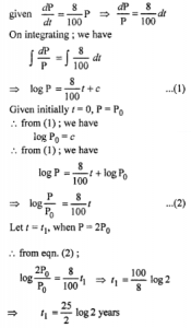 Que-3: A population grows at the rate of 8% per year. How long does it take for the population to double? Use differential equation for it.