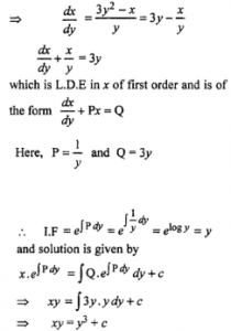 Que-18: (i) (x + 2y²) dy/dx = y, y > 0 (ii) (x + 3y²)dy/dx = y, given that when x = 2, y = 1. (iii) (3y² – x)dy = ydx (iv) y² + (x – 1/y)dy/dx = 0 (v) (x + y + 1)dy/dx = 1 (vi) y dx + (x – y³)dy = 0