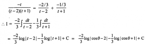 Que-10: ∫sinθcosθ/cos²θ−cosθ−2 dθ