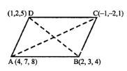 Que-21: Show that the points (4, 7, 8), (2, 3, 4), (-1, -2, 1) and (1, 2, 5) are the vertices of a parallelogram.