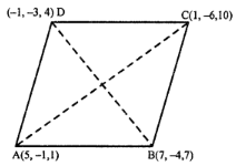 Que-22: Show that the points (5, -1, 1), (7, -4, 7), (1, -6, 10), and (-1, -3, 4) are the vertices of a rhombus.