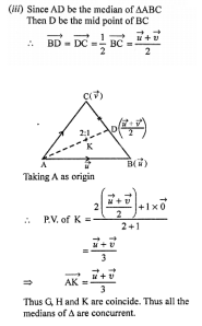 Que-4: In fig. given below, B E is median of triangle A B C and G divides B E in the ratio 2 : 1. (i) If vector(AB) represents vector(u) and vector(AC) represents vector(v) , show that vector(EB) represents vector(u) – 1/2 vector(v) and vector(AG) represents 1/3(vector(u) + vector(v)). (ii) If C F is a median, and H divides C F in the ratio 2 : 1, show that vector(AH) represents 13(vector(u) + vector(v)). (iii) If AD is a median and K divides AD in the ratio 2 : 1, which vector does vector(AK) represents in terms of vector(u) and vector(v) ? What can you conclude about G, H, K ? What can you conclude about the medians of a triangle?