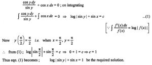 Que-22: Find the particular solution of the following differential equations : (i) cos y dy + cos x sin y dx = 0, y(π/2) = π/2 (ii) (1 – x²)dy/dx – xy = x; given y = 1 when x = 0. (iii) (x² – yx²)dy + (y² + x²y²)dx = 0, given that y = 1, when x = 1. (iv) dy/dx = 1 + x² + y² + x²y², given that y = 1 when x = 0. (v) (1 + e2x) dy + (1 + y²)exdx = 0, given that y = 1 when x = 0. (vi) dy/dx = 1 + x + y + xy, given that y = 1 when x = 0. (vii) dy/dx = x(2log|x|+1)/siny+ycosy, given that y = π/2, when x = 1.