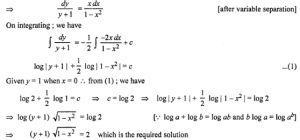 Que-22: Find the particular solution of the following differential equations : (i) cos y dy + cos x sin y dx = 0, y(π/2) = π/2 (ii) (1 – x²)dy/dx – xy = x; given y = 1 when x = 0. (iii) (x² – yx²)dy + (y² + x²y²)dx = 0, given that y = 1, when x = 1. (iv) dy/dx = 1 + x² + y² + x²y², given that y = 1 when x = 0. (v) (1 + e2x) dy + (1 + y²)exdx = 0, given that y = 1 when x = 0. (vi) dy/dx = 1 + x + y + xy, given that y = 1 when x = 0. (vii) dy/dx = x(2log|x|+1)/siny+ycosy, given that y = π/2, when x = 1.