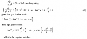 Que-22: Find the particular solution of the following differential equations : (i) cos y dy + cos x sin y dx = 0, y(π/2) = π/2 (ii) (1 – x²)dy/dx – xy = x; given y = 1 when x = 0. (iii) (x² – yx²)dy + (y² + x²y²)dx = 0, given that y = 1, when x = 1. (iv) dy/dx = 1 + x² + y² + x²y², given that y = 1 when x = 0. (v) (1 + e2x) dy + (1 + y²)exdx = 0, given that y = 1 when x = 0. (vi) dy/dx = 1 + x + y + xy, given that y = 1 when x = 0. (vii) dy/dx = x(2log|x|+1)/siny+ycosy, given that y = π/2, when x = 1.
