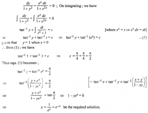 Que-22: Find the particular solution of the following differential equations : (i) cos y dy + cos x sin y dx = 0, y(π/2) = π/2 (ii) (1 – x²)dy/dx – xy = x; given y = 1 when x = 0. (iii) (x² – yx²)dy + (y² + x²y²)dx = 0, given that y = 1, when x = 1. (iv) dy/dx = 1 + x² + y² + x²y², given that y = 1 when x = 0. (v) (1 + e2x) dy + (1 + y²)exdx = 0, given that y = 1 when x = 0. (vi) dy/dx = 1 + x + y + xy, given that y = 1 when x = 0. (vii) dy/dx = x(2log|x|+1)/siny+ycosy, given that y = π/2, when x = 1.