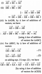 Que-3: In Fig. given below the various line segments are taken to be representatives of vectors. Find from the figure a single representative of each of the following sums : (i) (AE) + (EC) (ii) (DB) + (BE) (iii) (AD) + (DB) + (BC) (iv) (CB) + (BE) + (EA) + (AD)