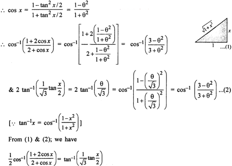 Que-28: Show that tan-1 [((1/√3)tan(x/2)) = (1/2)cos-1 [{(1+2cosx)/(2+cosx)}]