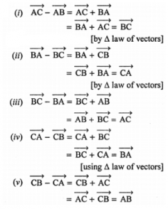 Que-5: In Fig. simplify: (i) vector(AC) − vector(AB) (ii) vector(BA) − vector(BC) (iii) vector(BA) − vector(BC) (iv) vector(CA) − vector(CB) (v) vector(CB) − vector(CA)