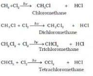 (a)(i) When methane reacts with chlorine in the presence of sunlight or UV light, it undergoes substitution reaction to form Tetrachloromethane.