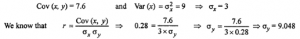 Que-21: Karl Pearson’s coefficient of correlation between two variables x and y is 0.28 , their co-variance is + 7.6 . If the variance of x is 9 , find the standard deviation of y-series.