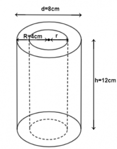 Que-9: Find the total surface area of a hollow cylinder open at both ends, if its length is 12 cm, external diamter is 8 cm and the thickness is 2cm.[Hint: Total surface area = [2πRh+ 2πrh + 2(πR²-πr²) cm² , where h= 12 cm , R= 4 cm , r= 2cm]